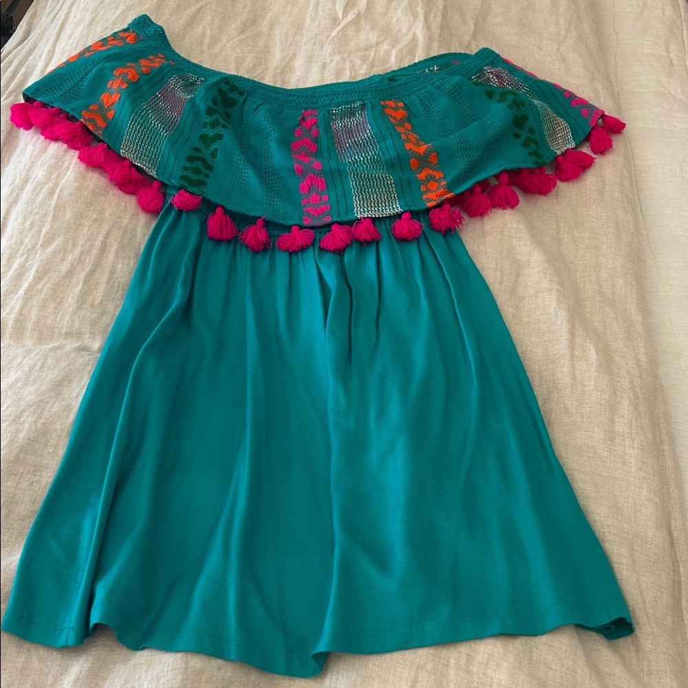 Vibrant Teal Off-Shoulder Dress with Pink Accents